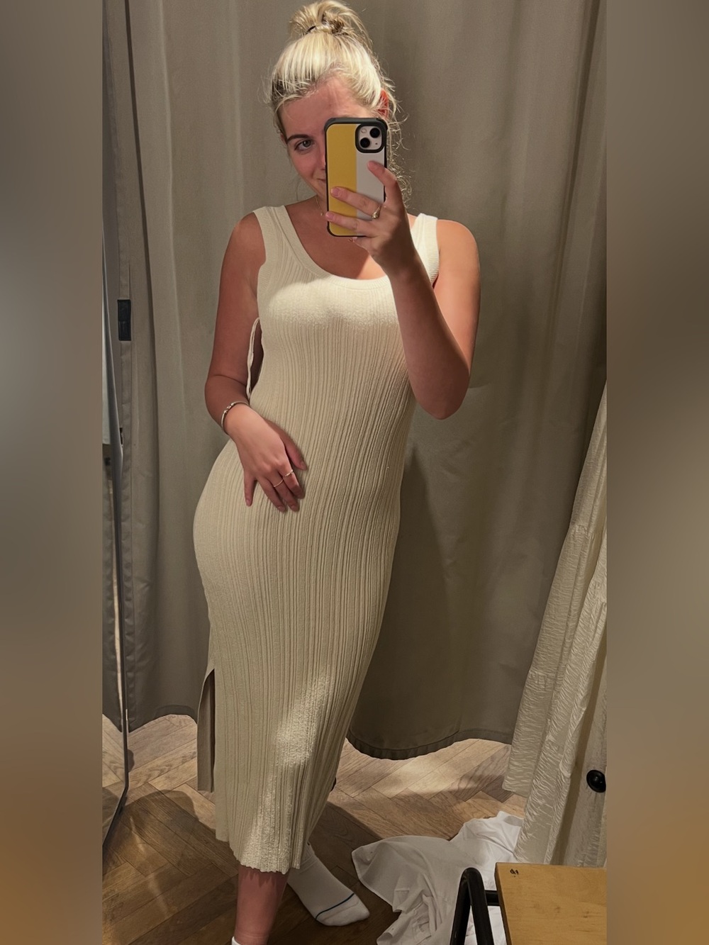 & Other Stories Cream Ribbed Sleeveless Midi Dress